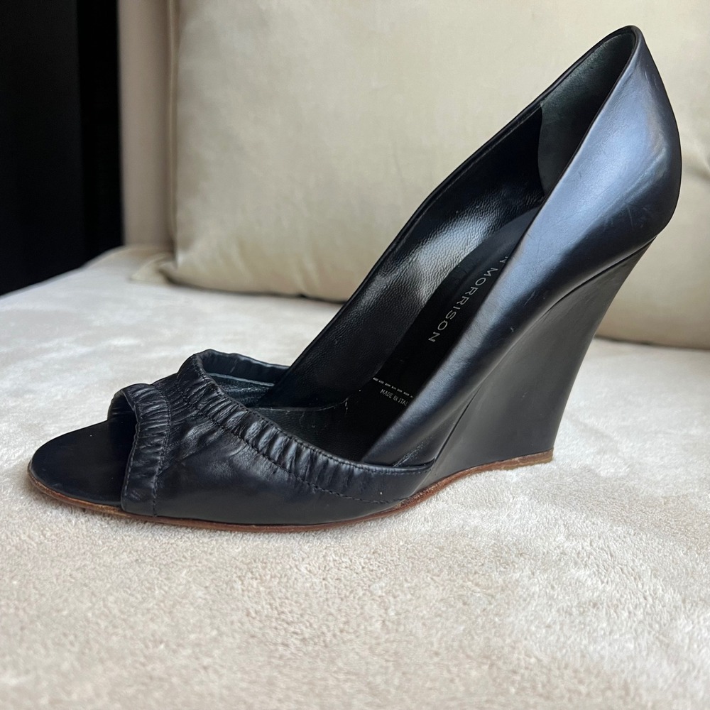 Sigerson Morrison Women 6.5 Black Leather Ruched Peep Toe Wedge High Heels Italy